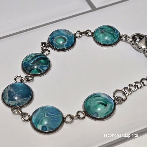 Blue Green Swirled Abstract Marbled Artisan Silver Tone Cabochon Bracelet/Anklet - Picture 3 of 6